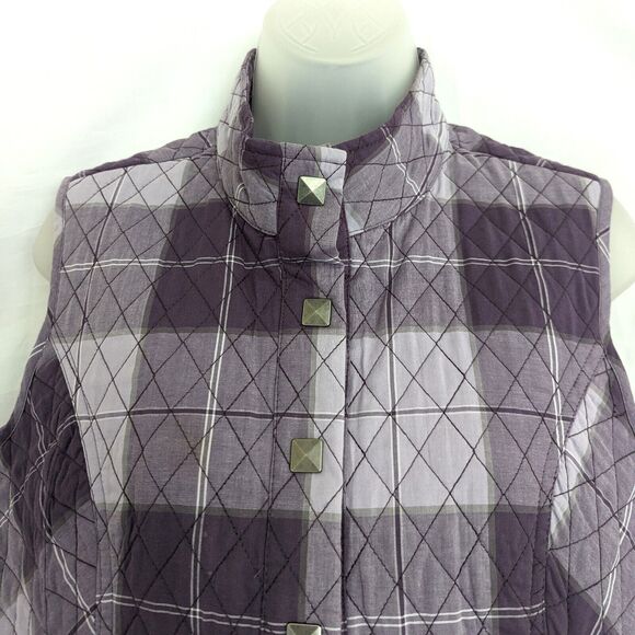 Christopher & Banks Purple Plaid Quilted Vest Size M Cotton Snap Button Lined - Picture 2 of 12